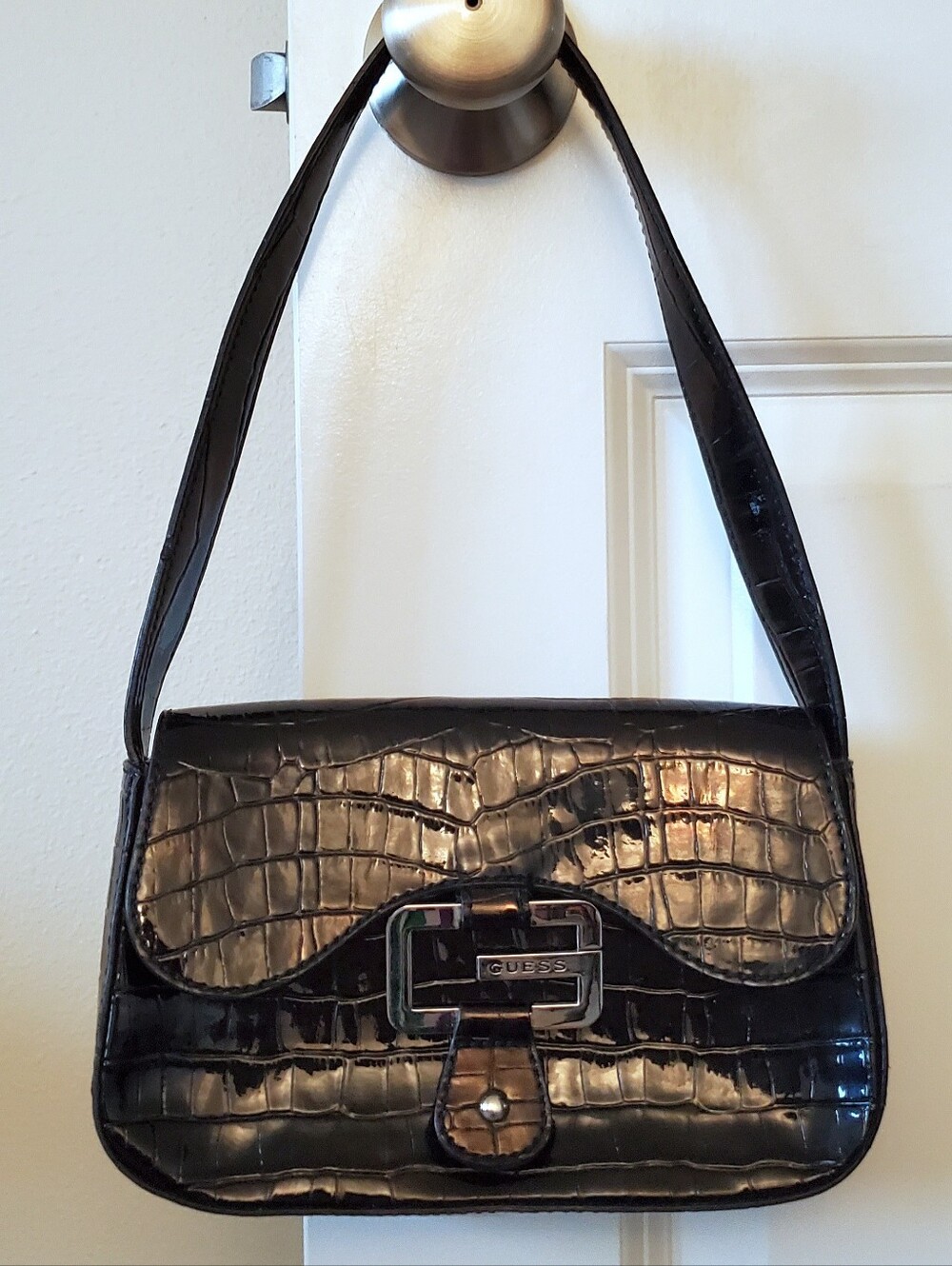 Guess Small Patent Leather Croc Embossed Shoulder Bag